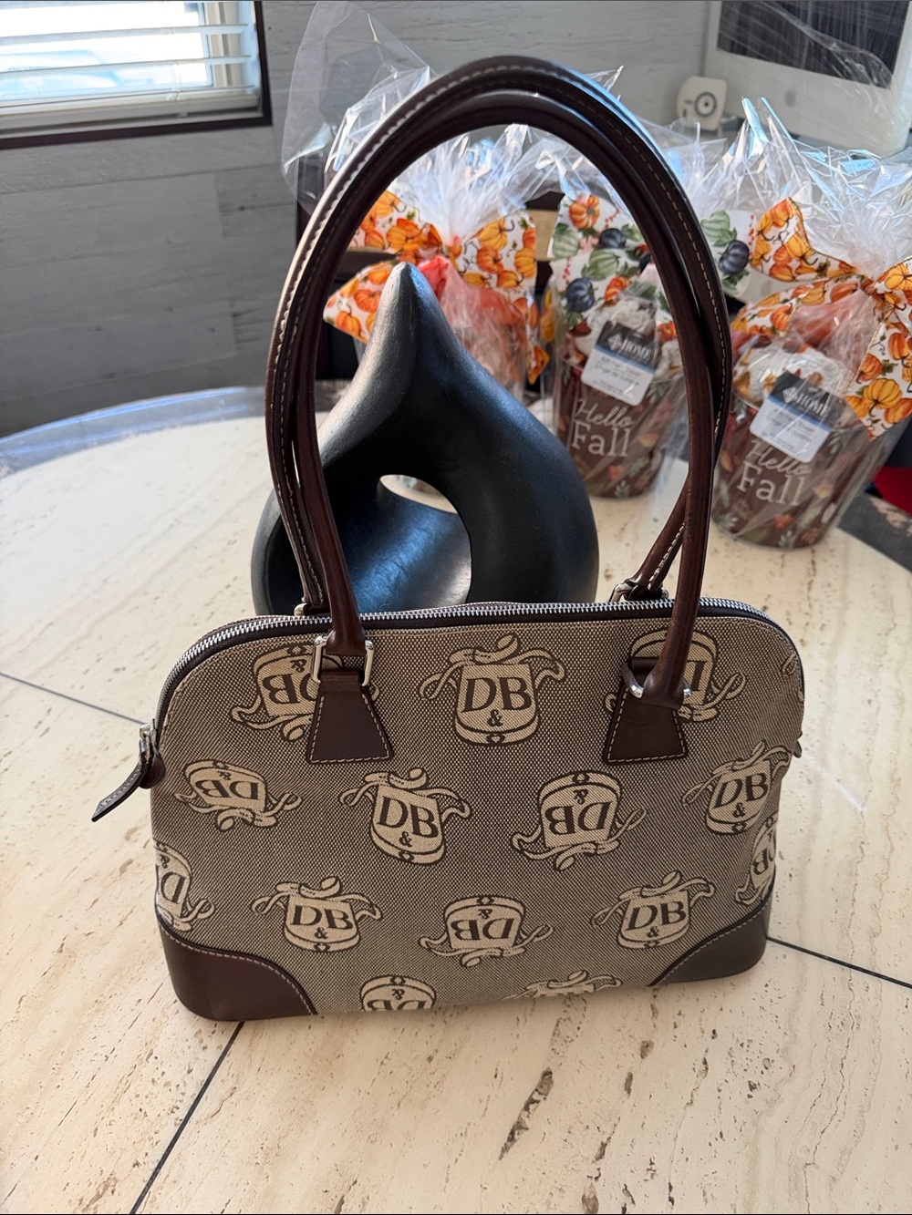 Dooney & Bourke Vintage Brown Monogram Dome Satchel Leather Handles & Corners